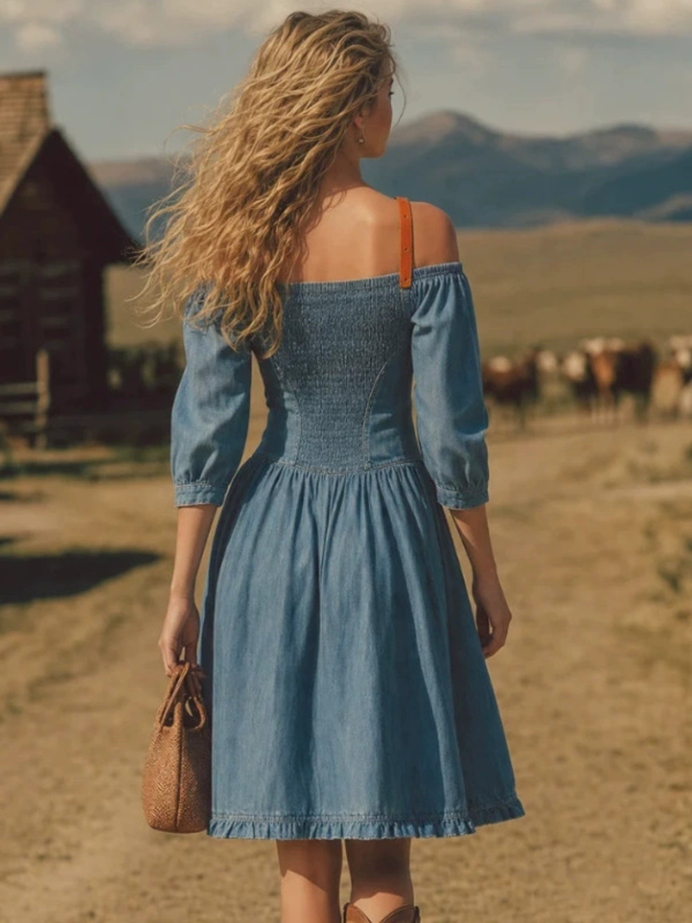 H&M  Western Fashion Casual Off Shoulder Denim Dress